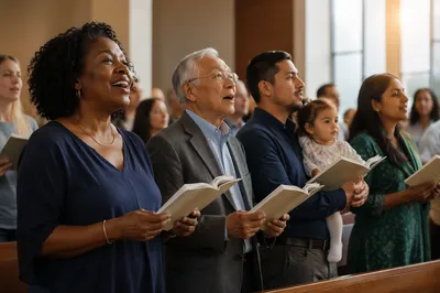 Multicultural Congregation Singing in Bright Sanctuary