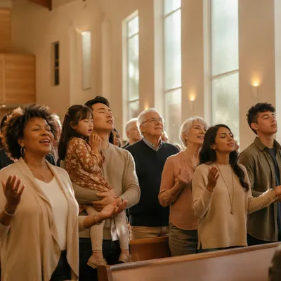 Diverse Congregation Singing in Bright Church Hall