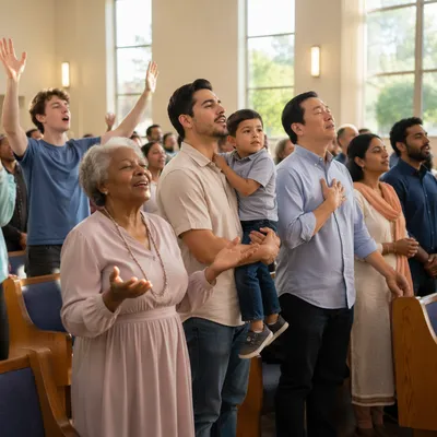 Diverse Congregation Singing in Sunlit Church