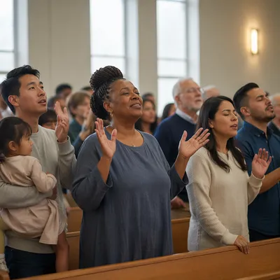 Multicultural Congregation in Bright Church Sanctuary