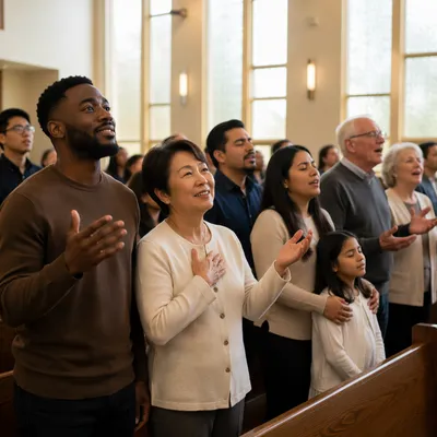 Multicultural Congregation Singing in Bright Sanctuary