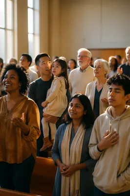 Diverse Congregation Singing in Bright Church Hall