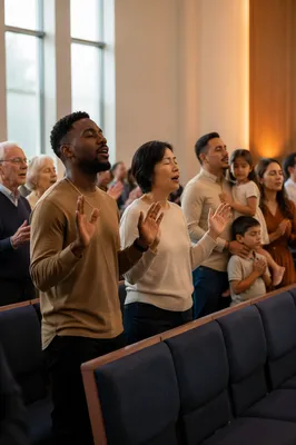 Multicultural Congregation Worshiping in Bright Sanctuary