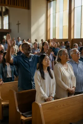 Multicultural Congregation Worshiping in Modern Sanctuary