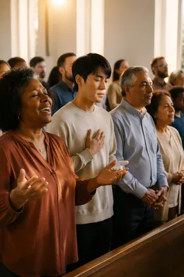 Multicultural Congregation Worshipping in Bright Sanctuary