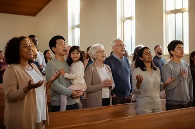 Diverse Congregation Singing in Bright Church Hall
