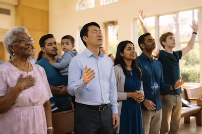 Diverse Congregation Singing in Sunlit Church Hall