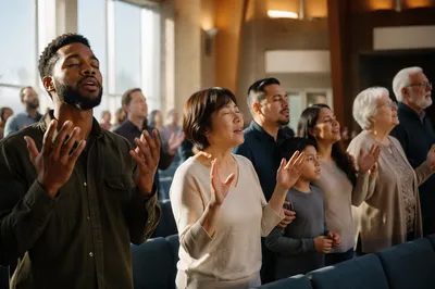Multicultural Congregation Worshiping in Bright Sanctuary
