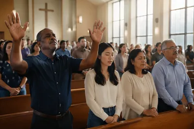 Diverse Congregation Worshiping in Modern Sanctuary
