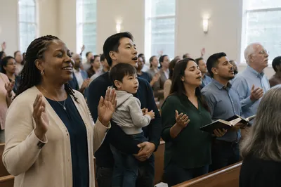 Multicultural Congregation in Bright Church Sanctuary