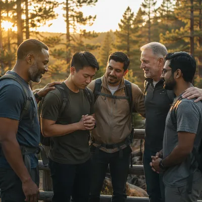 Five Men on Forest Hiking Trail