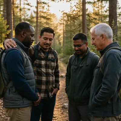Multicultural Men on Forest Hiking Trail