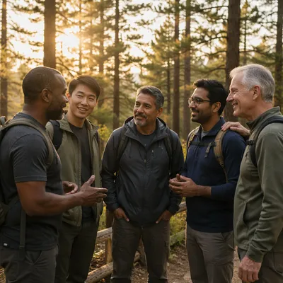 Five Men on Forest Hiking Trail
