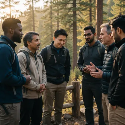Multicultural Men on Forest Hiking Trail