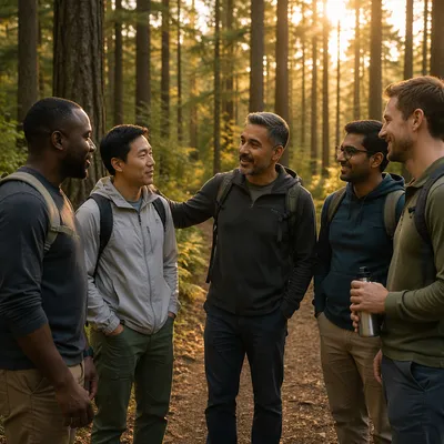 Five Men Talking on Forest Trail