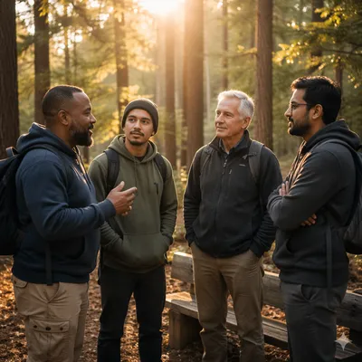Four Men on Forest Hiking Trail