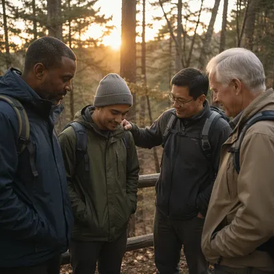 Four Men Resting on Forest Trail
