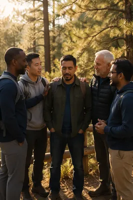 Diverse Men Resting on Forest Trail