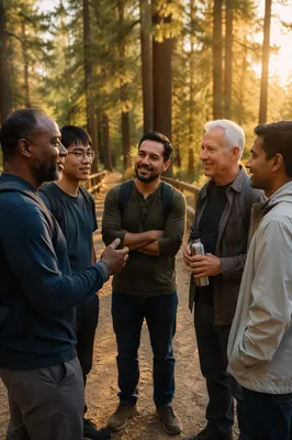 Five Men Talking on Forest Trail