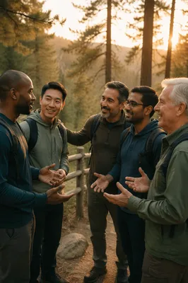Five Men on Forest Hiking Trail