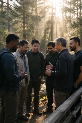 Multicultural Men on Forest Hiking Trail