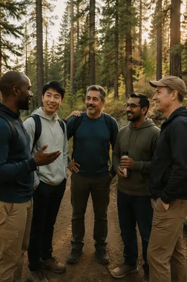 Five Men Talking on Forest Trail
