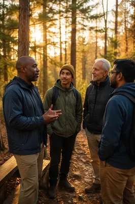 Four Men on Forest Hiking Trail