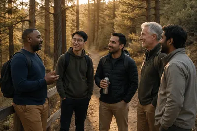 Five Men Talking on Forest Trail