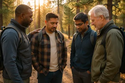 Multicultural Men on Forest Hiking Trail