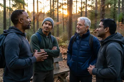 Four Men on Forest Hiking Trail