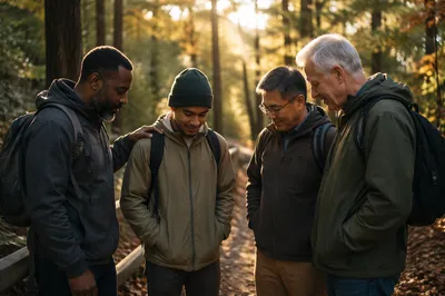 Four Men Resting on Forest Trail