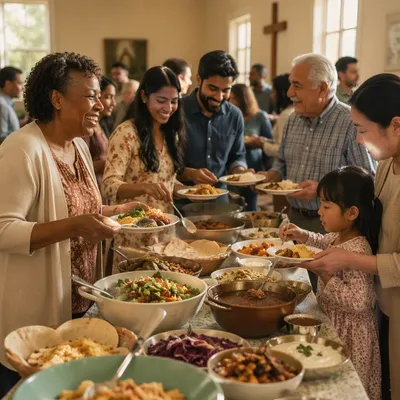 Multicultural Potluck Gathering in Church Hall