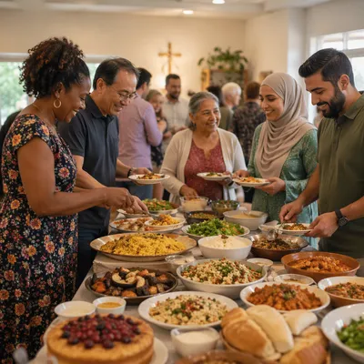 Multicultural Potluck Gathering in Fellowship Hall