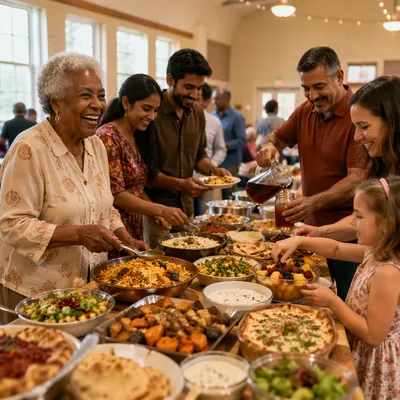 Diverse Community Potluck in Bright Hall