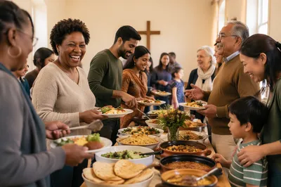 Multicultural Potluck Gathering in Church Hall