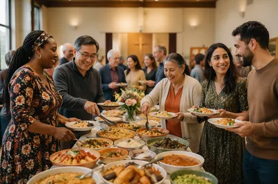 Multicultural Potluck Gathering in Fellowship Hall