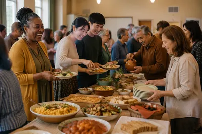 Diverse Community Potluck in Bright Hall