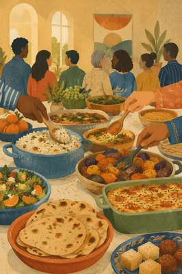 Multicultural Church Potluck Fellowship Table Scene