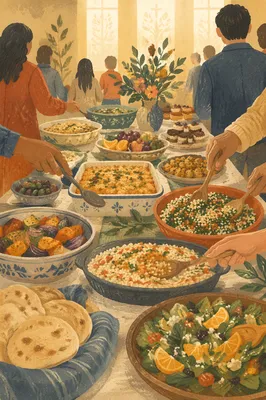 Diverse Church Potluck Fellowship Table