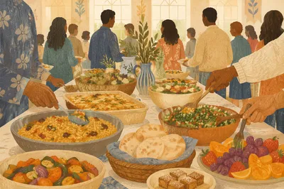 Church Fellowship Potluck with Diverse Dishes
