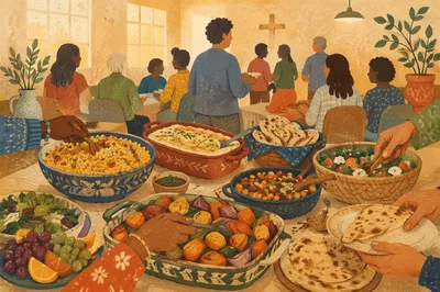 Multicultural Church Potluck Fellowship Table Scene