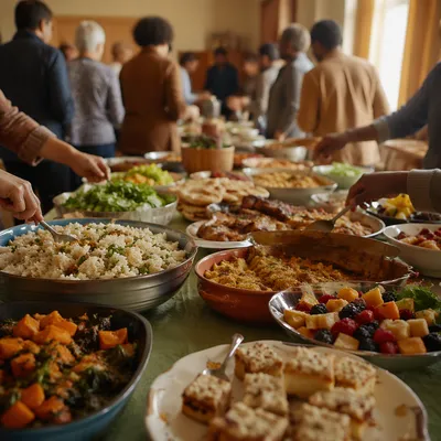 Multicultural Church Potluck Fellowship Table Scene