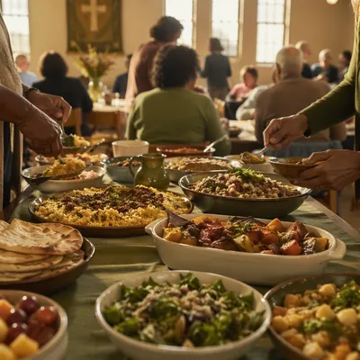 Multicultural Church Potluck Fellowship Table Scene