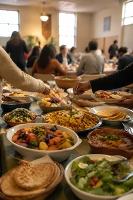 Multicultural Church Potluck Fellowship Table Scene