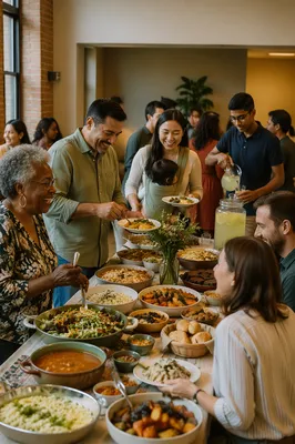 Multicultural Church Potluck Fellowship in Warm Light