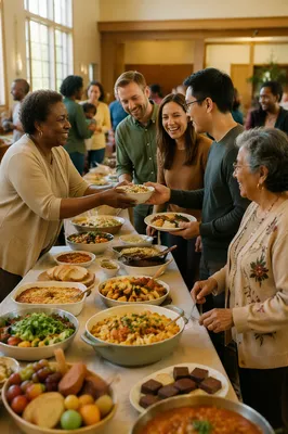 Multicultural Church Potluck Fellowship in Warm Light