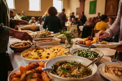 Multicultural Church Potluck Fellowship Table Scene