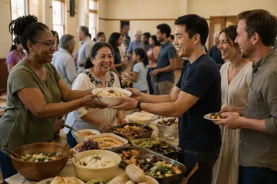 Diverse Community Potluck in Bright Hall