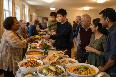 Diverse Community Potluck in Bright Hall
