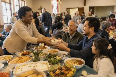 Diverse Potluck Gathering in Church Hall